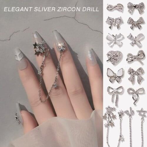 2pcs new nail art silver zircon jewelry luxury net red bow pearl accessories star chain nail jewelry diamond