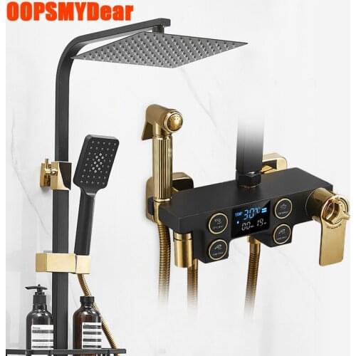 Smart Thermostatic Shower Set Bathroom LED Digital Hot Cold Shower System Wall Mount SPA Rainfall Bath Faucet Square Head Grifo