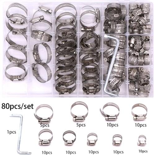 60/80Pcs Adjustable 8 to 44mm Diameter Clips Worm Gear Hose Clamp Assortment Kit for Various Pipes Automotive Mechanical Use