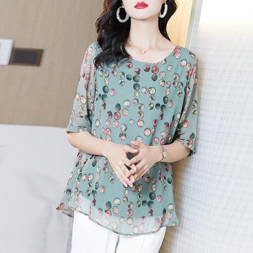 Women Summer Style O-Neck Chiffon Blouses Shirts Lady Casual Short Sleeve Print Chiffon Blusas Tops MM0220