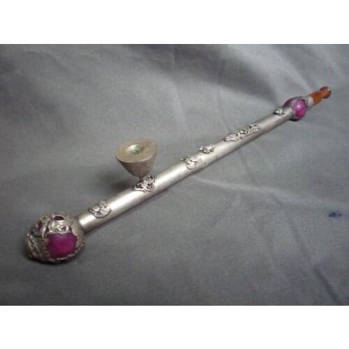 Rare Qing Dynasty silver& red jade pipe,1842,free shipping