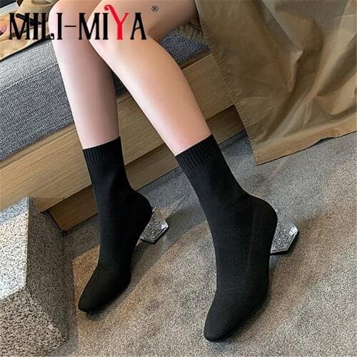 MILI-MIYA Fashion Women Sock Ankle Boots Stretch Kitting Crystal Heels Square Heels Round Toe Slip-On Street Shoes Size 34-40