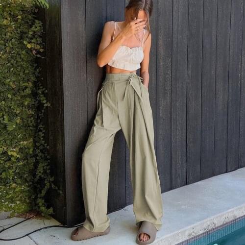 Women Fashion Long Pants Drawstring Solid Pocket Wide Leg Pants Loose Straight High Waist Casual Fashion Drape Pants Summer 2021
