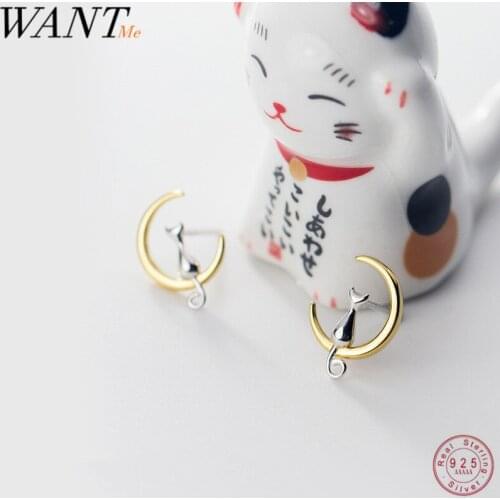 WANTME New Arrival Cute Cat Moon Studs Earrings for Women Genuine 100% 925 Sterling Silver Party Wedding Jewelry Accesorios 2020