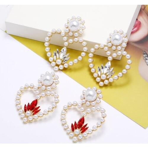 Women Hollow Heart Shape Crystal Rhinestones Pearl Flower Drop Stud Earrings For Female Jewelry Gift Party Ear Ring Brincos