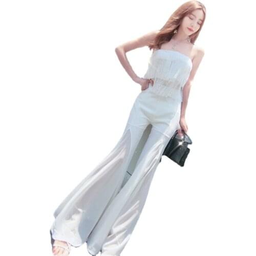 Women New Summer Fashion 2 Piece Sets Sexy Tube Top Camis Crop Top&High Waist Chiffon Big Flare Pants Hot Girl Holiday 2pc Suits