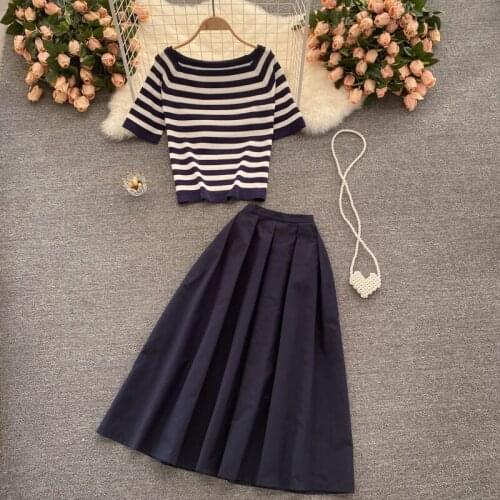 Casual Suit Womens Summer New Retro Striped Knitted Short-sleeved Tops All-match Mid-length Skirt Two Piece Set Female aq1159