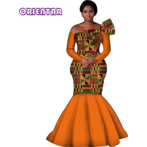 Women African Dress Africa Wax Print Dress Bazin Riche Long Sleeves Wedding Party Mermaid Dress with Bow Plus Size WY3966