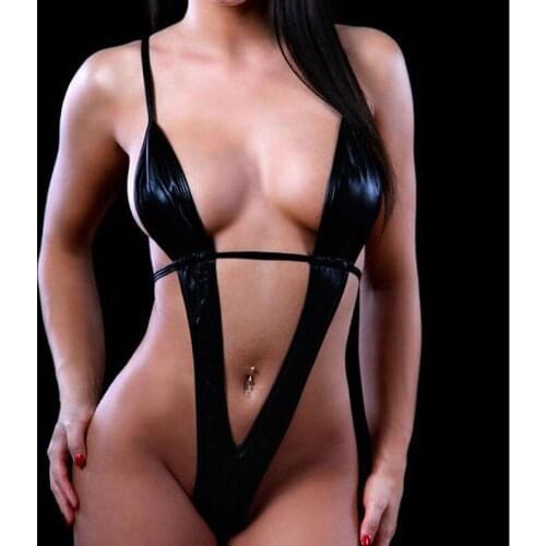 Women Sexy Adult Lingerie Solid Color Patent Leather Straps Ties Babydoll Bodysuit Hollow Back G-string Thong Nightwear