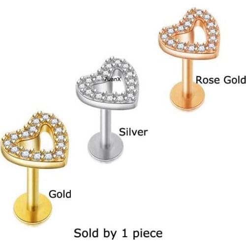 1piece Heart Shape Ear Cartilage Tragus Piercing Labret Lip Stud 16Gauge