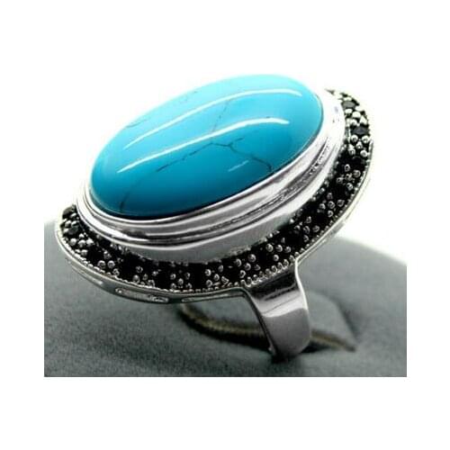 925 Sterling Silver 17X30mm Blue Turquoises Oval Gems Marcasite Ring