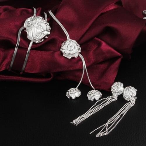 925 sterling Silver rose flower bangle rings Bracelets necklaces earring stud Jewelry set for women fashion Party wedding gifts