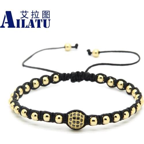 Ailatu Wholesale 10pcs/lot 4mm Stainless Steel Beads with Micro Paved Black Cz Ball Macrame Bracelets for Mens Gift