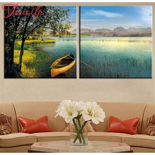 TOUOILP 2 pcs/set DIY 5d Lake boat diamond Painting cross stitch painting,full square&round diamond embroidery mosaic home decor