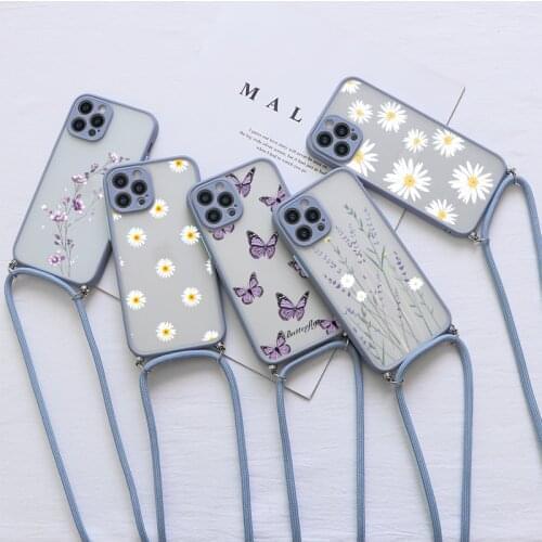 Flower Hard Lanyard Strap Case For iPhone 11 12 Xs Pro Max X 7 8 6s 6 Plus 12 Mini 5S SE SE 2020 5 Lavender Protective Bumper