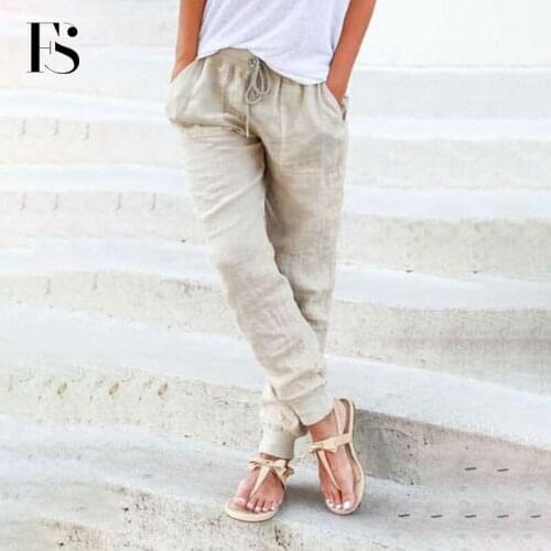 Cheap Plus Size High Waist Pants Cotton Linen Casual Solid Pants For Women