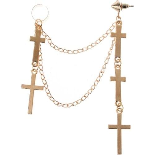 Gothic Punk Cross Long Tassel Double Chains Ear Cuff Earrings Fashion Jewelry