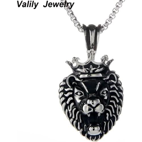 EdgLifU Mens Silver Lion Head Crown King Pendant Necklace Stainless Steel Hip Hop Animal Charm Franco Box Chain Necklace