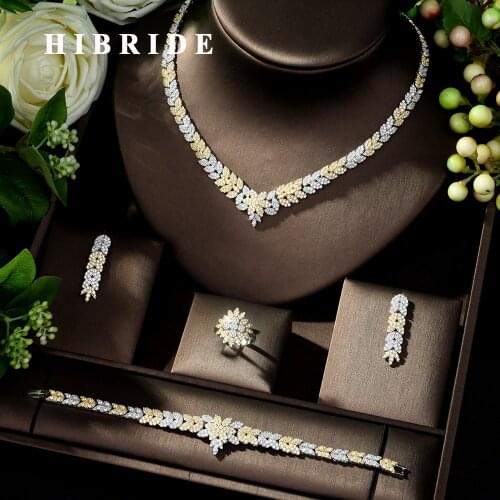 HIBRIDE New Arrival AAA Cubic Zircon Necklace Earrings Jewelry Set Two-color Bride Wedding Jewelry Dress Accessories N-206