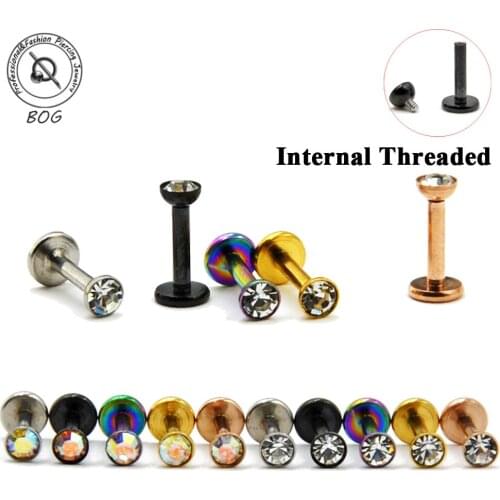 BOG-1PC Hot Sale Design 316L Surgical Steel Internally threaded CZ Gem Labret Ear Cartilage Tragus Lip Ring Earring Percing 16g