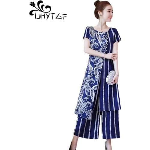 UHYTGF Loose 5XL Plus size sets women Wide leg pants summer two piece set Short sleeve thin Retro elegant Female sports suit1428