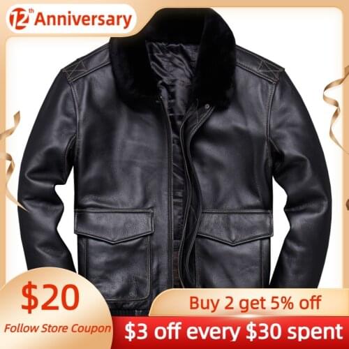 2021 Black Military Style Genuine Pilot Leather Jacket Europe Size XXL Real Natural Cowhide Winter Warm Thick Aviation Coat