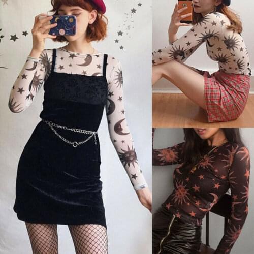 Fashion Casual Sexy Women Mesh Sheer Net See-through Long Sleeve Angel Crop Top T Shirt Tee Summer Vogue Pullover Tops