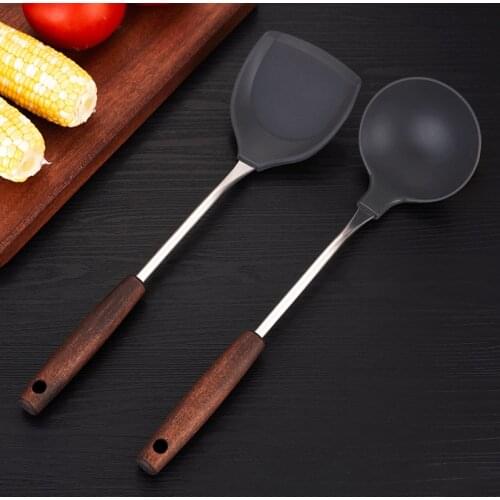 2Pcs Silicone Kitchen Cooking Utensils Set Stainless + Wooden Handle Wok Spatula Soup Spoon For Kitchen Cooking Tools