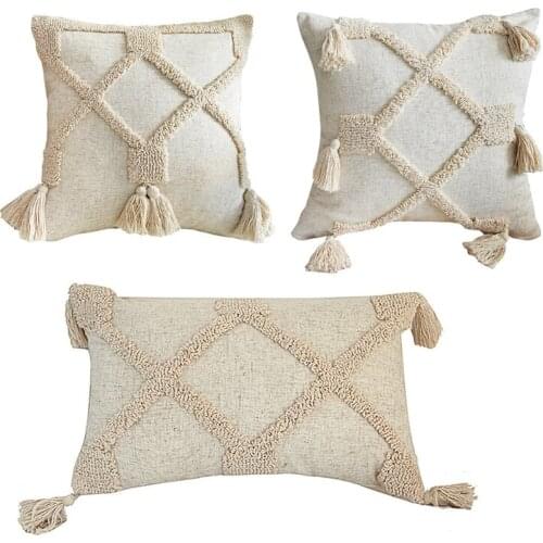 Throw Pillow Case Morocco Tribal Tassel Rhombus Woven Tufted Sofa Cushion Cover