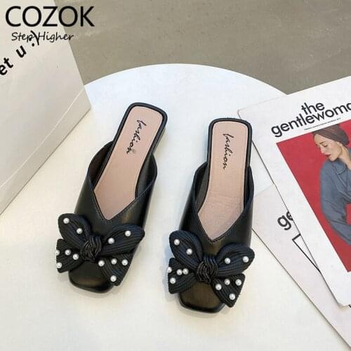 2021 Summer Female Slippers Half Slippers with Bow and Pearl 2cm Square Heel Slides Breathable Non-slip Outdoor Fashion Slippers