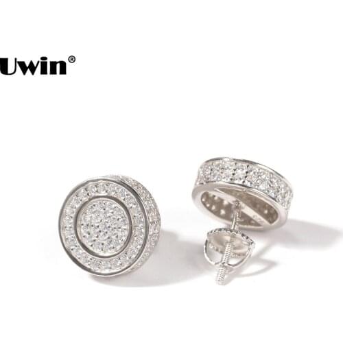 Uwin Round Silver Color Earrings for Women Men Full Cubic Zirconia Stud Earrings Fashion Hiphop Jewelry