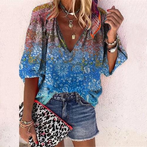 Gradient Floral Print Women Blouse V Neck Half Sleeve Casual Tops Work Wear Chiffon Shirt Plus Size Loose Vintage Blouse 4
