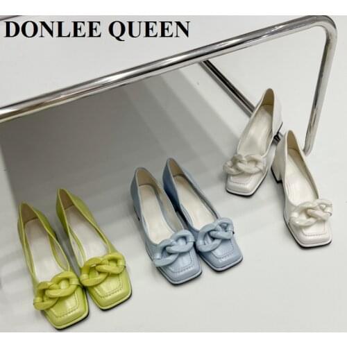 Brand Metal Chain Shoes Women Female Thin Low Heels Pointed Toe Pumps Work Party Wedding Shoes 2021 New Arrival Zapatos De Mujer