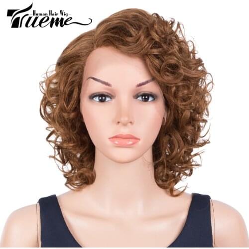 Trueme Curly Lace Part Human Hair Wigs For Women Brazilian Loose Curly Human Hair Wig Ombre Blonde Brown High Light Lace Bob Wig