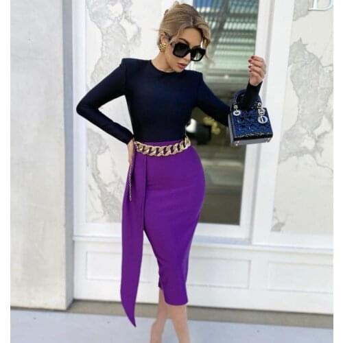 New Winter Style Sexy Patchwork Midi Purple Split Women Bodycon Bandage Dress 2021 Designer Fashion Party Club Dress Vestido
