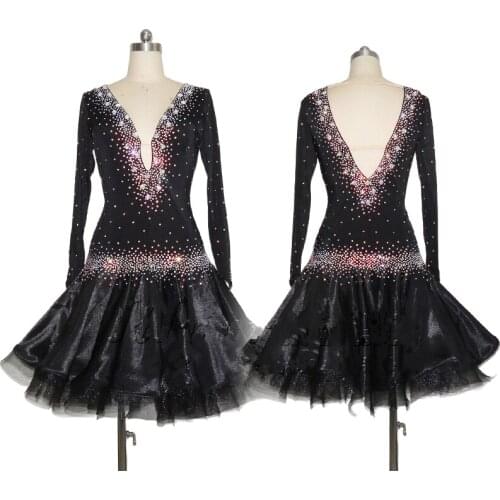 Shiny Rhinestone Ladies Latin Dance Dress High-end Custom Black V-neck Long Sleeve Fish Bones Skirt Women Competition Costumes