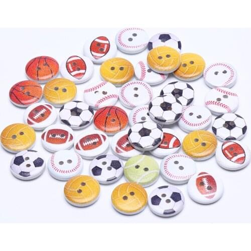 100pcs 15mm Sports Football Basketball Baseball Painted Wooden Buttons Sewing 2 Holes For Scrapbooking Cardmaking