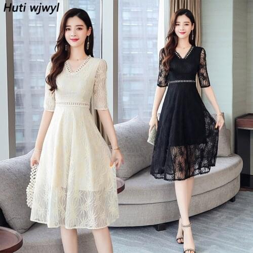 2021 Femal Vintage Elegant Black Lace Boho Midi Dresses Summer Plus Size Solid Sexy Beach Sundress Women Bodycon Party Vestidos