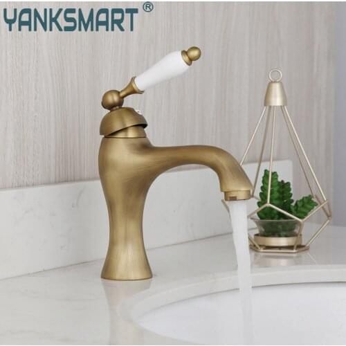 YANKSMART Antique Brass Bathroom Faucet Washbasin Deck Mounted Ceramics Handles Faucet Basin Sink Hot And Cold Mixer Water Tap