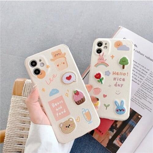 Embroidered Bear Case for IPhone SE 2020 11 12 Pro X XR XS Shell for IPhone 12 Pro Max 7 6 8 6S Plus Full Protection Back Cover