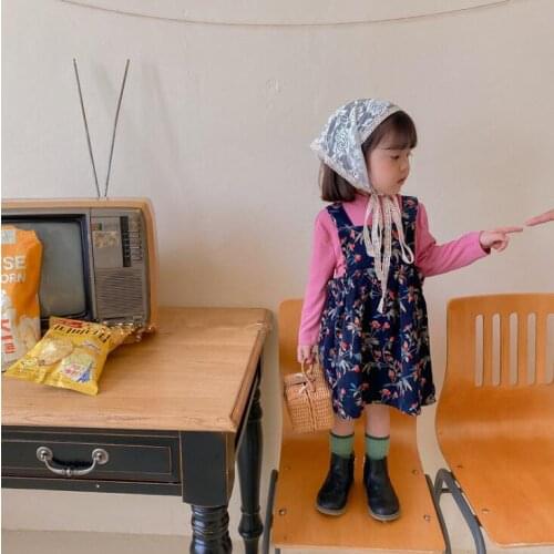 2021 Korea style girls 2 pcs set t shirt+ dress autumn cotton kids suit 1-6 years WS199