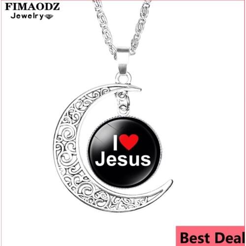 FIMAODZ Jesus Necklace Christian Fish Glass Art Picture Charm Crescent Moon Pendant Fashion Necklaces