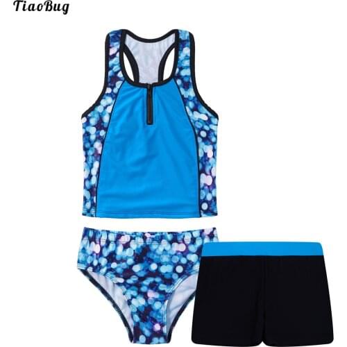 Girls Summer Tankini Set 3 Piece Briefs+Tops+Boxer Floral Print Sleeveless Racerback Tank Vest Shirt Short and Bikini Triangle