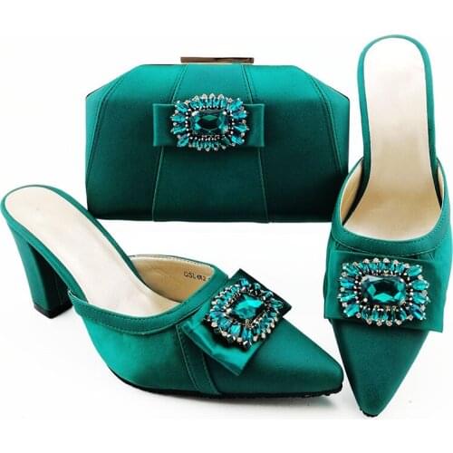 Hot sale teal women dress shoes match handbag with rhinestone style African pumps and bag set for party QSL012,heel 9CM