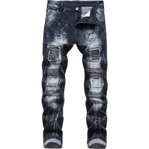 Fashion Men Casual Jeans Coated Slim Straight Pleated Biker Jeans Pants Male Denim Casual Pants Plus Size
