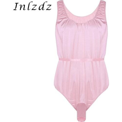 Mens Lingerie Sissy Bodysuit for Crossdressing One-Piece Shiny Satin Sleeveless Open Sheath Sexy Bodysuit Nightwear Sleepwear