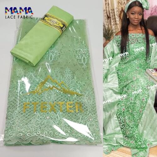 Mint Green 2.5 Yards Bazin Riche With Net Lace With Stones For Indian Elegant Lady Party Dresses Net Laces Fabrics