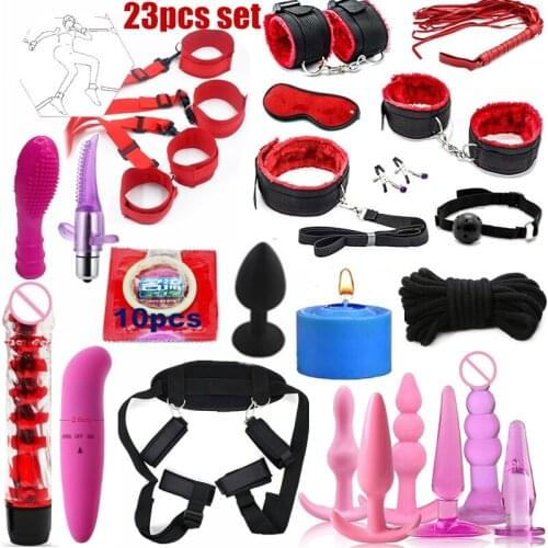 23Pcs set Sex Toys for Woman Adult Games Handcuffs Whip Mouth Gag Rope Metal Butt Plug Bdsm Bondage Set Bead Anal plug Vibrator