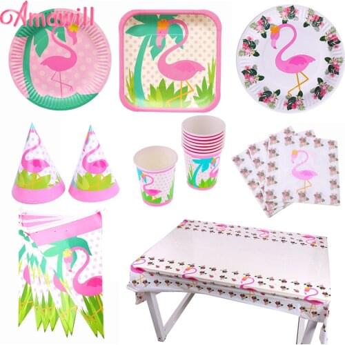 Amawill Flamingo Party Tableware Set Disposable Paper Napkins Cup Plate Kids Birthday Party Summer Tropical Hawaiian Party 7D