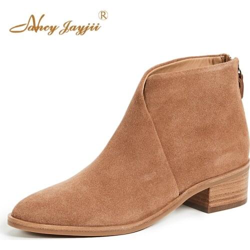 Winter Brown Black Ladies Ankle Boots Flock Round Toe Square Heel Short Plush Solid Zipper Shoes Woman Work Fashion Work 38